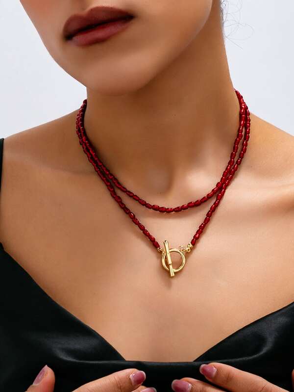2pcs Fashion Minimalist Beaded Choker Necklace Set, Elegant Women's Valentine's Day Wear