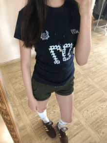 Y2K風格字母印花短版T恤，修身女款上衣，甜酷休閒夏季風格 - 藏藍 - 查看 4