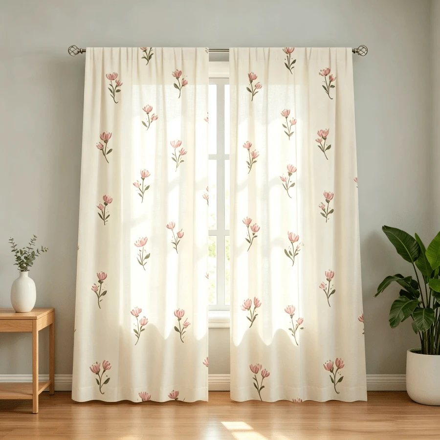 2 Stück cremefarbene rosa Ditsy-Blumen-Vorhänge, Stangendurchzug-Stil, 2D-Flachdruck, 100% Polyestergewebe, lichtdurchlässig, sanfte heilende Blumen- und Pflanzen-Fenstervorhänge für Schlafzimmer-Erkerfenster, nur Vorhänge, Zubehör nicht enthalten - Verschiedenfarbig - Übersicht 1