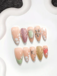 10pcs Sweet & Cool Handmade Press-On Nails, Polygel Nail Art Set, Water Ripple Pattern, Tiny Floral Dots, Stars, Green Nail Polish, Cute Girl Style, Includes Nail Tools, 3 Sizes Available, Almond/Duck/Coffin Shape, Suitable For Party, Dancing, Daily Wear - 彩色 - 查看 12