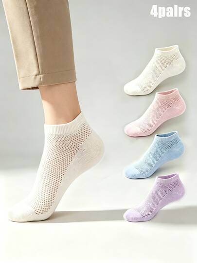 4 Pairs Fresh Macaron Color Cute Women's Short Socks, Women's Daily Commute Socks, Campus Outfit Best-Selling All-Cotton Socks, All-Season Versatile Girls' Socks