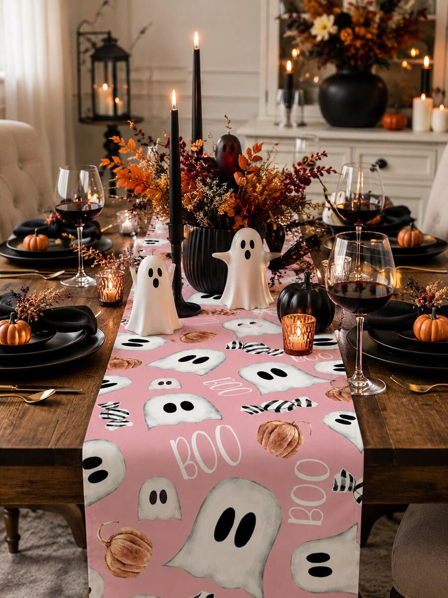 1pc-Pastel Pink Cute Ghost Boo Halloween Table Runner, Watercolor Pumpkin Black White Candy Pattern Fall Table Runner, Farmhouse Style Holiday Decorative Table Linens For Dining Table Kitchen Counter Party Supplies - Multicolor - View 1