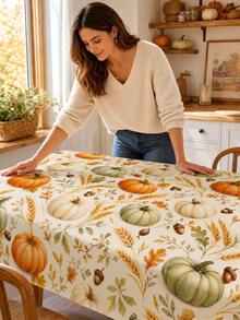 1 pieza - Mantel de poliéster con estampado de cosecha de calabaza y cáscara de maíz, cubierta de mesa rectangular, adecuada para Acción de Gracias, otoño y decoración de cocina de estilo granja. - calabaza - Ver 7