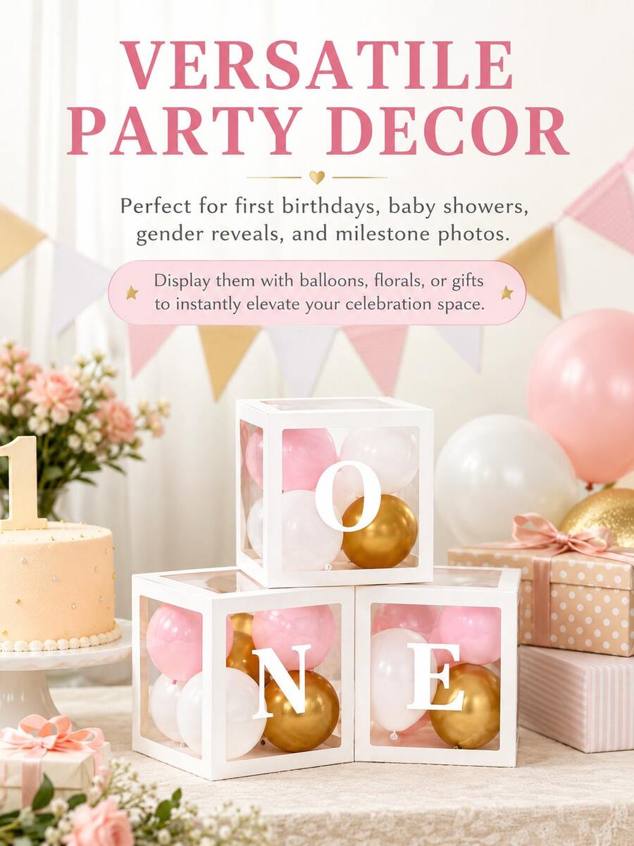 1套 1歲生日裝飾「ONE」氣球盒,透明立方體單字母氣球盒,適用於1歲生日派對裝飾,可用作嬰兒生日派對、嬰兒洗禮和蛋糕拍打攝影背景道具,慶祝裝飾(粉紅色、藍色、白色) - 彩色 - 查看 1