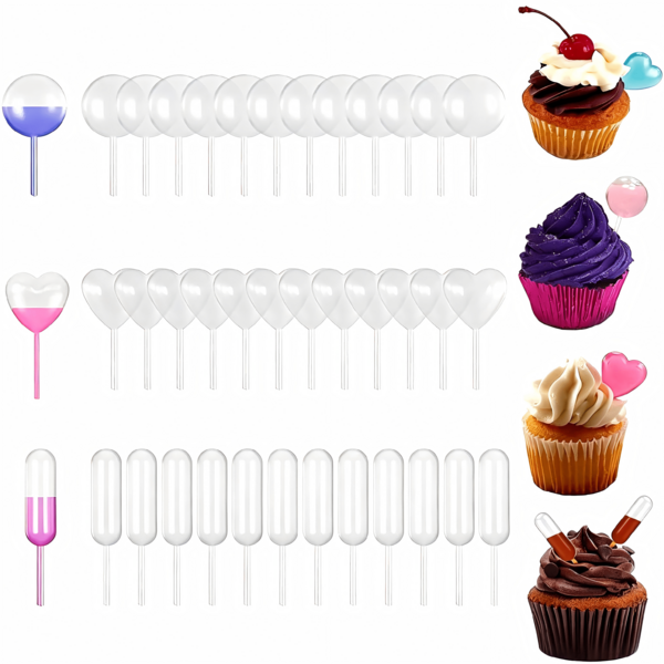 Juego de 3 formas de goteros de plástico, redondos, con forma de corazón y cápsula, tubos de transferencia de líquidos, adecuados para cupcakes, pasteles y decoración de postres