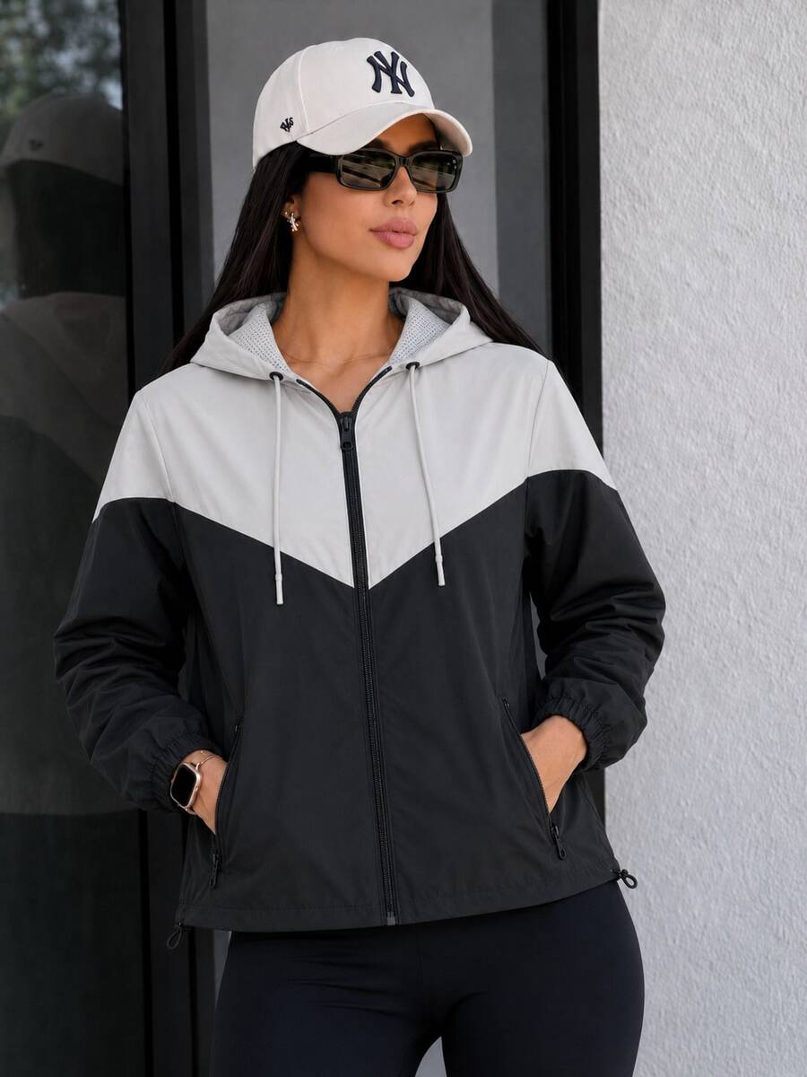 Women's Windbreaker Jacket Waterproof Lined Casual Fabric Zipper Evening Airport Clothes Travel Autumn Winter - 黑與白 - 查看 1