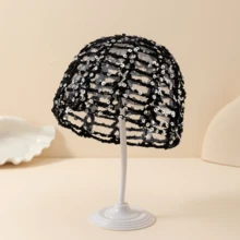 1pc Women's Vintage Lace Headwrap, Y2K Cute Casual Style, Fashionable Contrast Color, Sequin Shiny, Hollow Breathable Decorative Handmade Knitted Hat, Daily Wear Headwrap Bucket Hat - Sequins - View 3