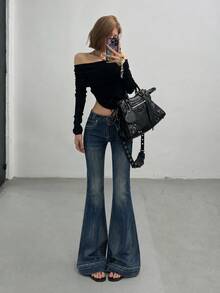 YEAE | Vintage Washed Blue Super Low-Waist High Stretch Flare Jeans Casual - Medium Wash - View 4