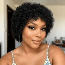 Short Pixie Curly Human Hair Wigs For Women, Tiny Tight Kinky Curly Wig With Bangs, Full Machine Made Human Hair Short Curly Wig, Multiple Colors Available - Multicolor - View 11