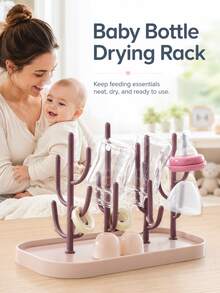 Baby Bottle Drying Rack - Bottle Drying Stand | Tree-Shaped Design Bottle Drying Tray | Upright Bottle Drying Station, Concave Large Base Plate, Gray, Creative Baby Bottle Draining Rack Tree-Shaped Bottle Drying Rack Baby Bottle Storage Dust-Proof Organizer Shelf, - Multicolor - View 5