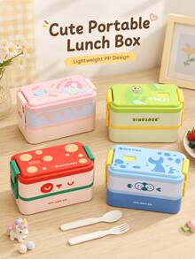 Cute Cartoon Double-Layer PP Portable Lunch Box, Patterns Include Unicorn, Dinosaur And Seal; Perfect For School, Picnic, Outing And Holiday Use. - Multicolor - View 2