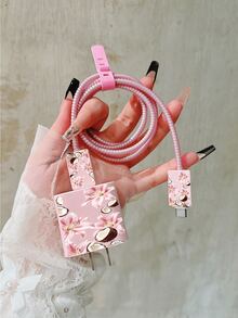 Floral Coconut Pattern, Charger Protective Case + 1.4M Data Cable Protector, Compatible With Apple 20W Charger, Minimalist Apple Charger Protective Shell, Compatible With 20W Phone 15/16 Pro Max Charging Cable Protector, Anti-Scratch, Anti-Bite, Suitable For 13/14 Plus/17/16PROMAX, - Pink - View 2