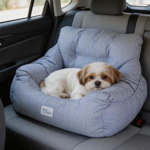LIVINGANDHOME Stripe Travel Pet Bed Cushion Rest Mat Carrier, Scratch Resistant Plush Cotton Car Seat With Side Storage Pockets Adjustable Fixing Straps Anti Slip Bottom Washable Rectangle Bed For Dog Car Trip Indoor Use, Fabric Cotton Navy Stripe