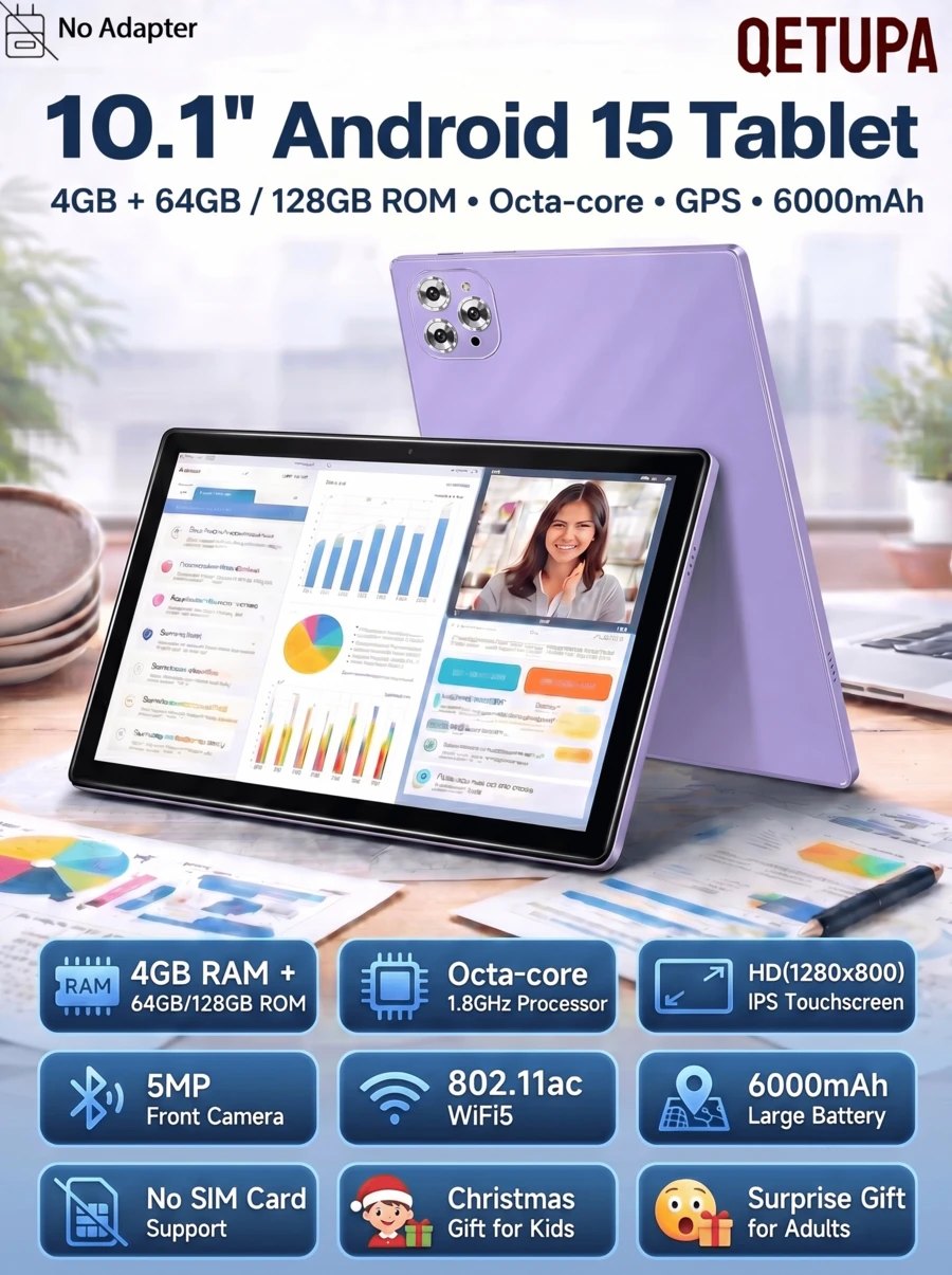 Qetupa M9-4 10.1 吋 Android 15 平板電腦，4GB RAM+64GB/128GB ROM，八核心 1.8GHz 處理器，HD (1280x800) IPS 觸控螢幕，BT 5.2 & 802.11ac WiFi5，GPS，5MP 前置相機 & 13MP 後置相機，6000mAh 大容量電池，不支援 SIM 卡 (無適配器)