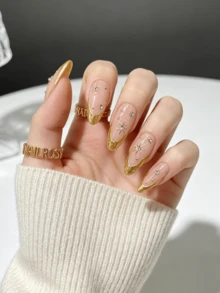 nailrosy 10Pcs Handmade Press On Nails Kit Almond Pink Silver Butterfly Pearl Cat Eye Elegant Minimalist Old Money Japanese Style Modern Korea Style Fresh Design Chic French Style Neutral Classical Creative Glossy Finish Shimmery Fake Nail Kit - Gold - View 2