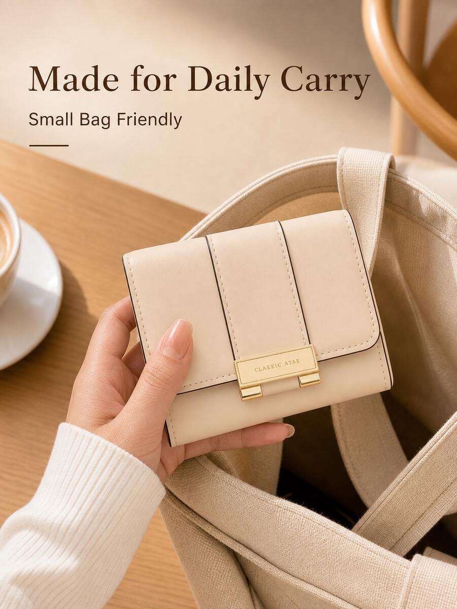 PU Leather Metal Strip Decoration Tri-Fold Short Wallet With Zipper Pocket Coin Purse For Girls Daily Travel And Work Gift,Wallet For Women