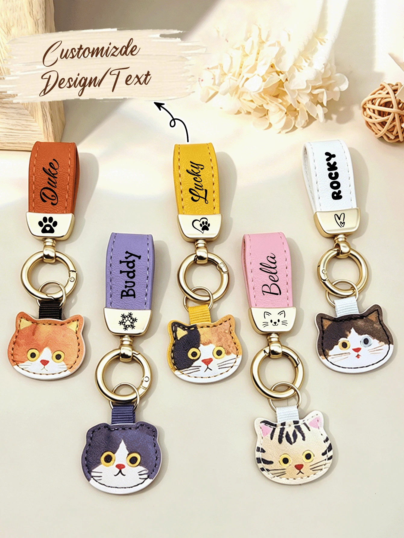 Personalized Leather Cat Keychain With Custom Name, Cute Cat Bag Charm For Cat Lovers - Multicolor - View 1