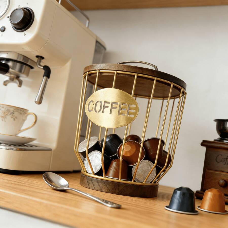 1pc Coffee Capsule Storage Basket, Iron Art Snack Storage Cup, Coffee Shop Organizer Rack, Living Room Kitchen Home Decor - Multicolor - View 1
