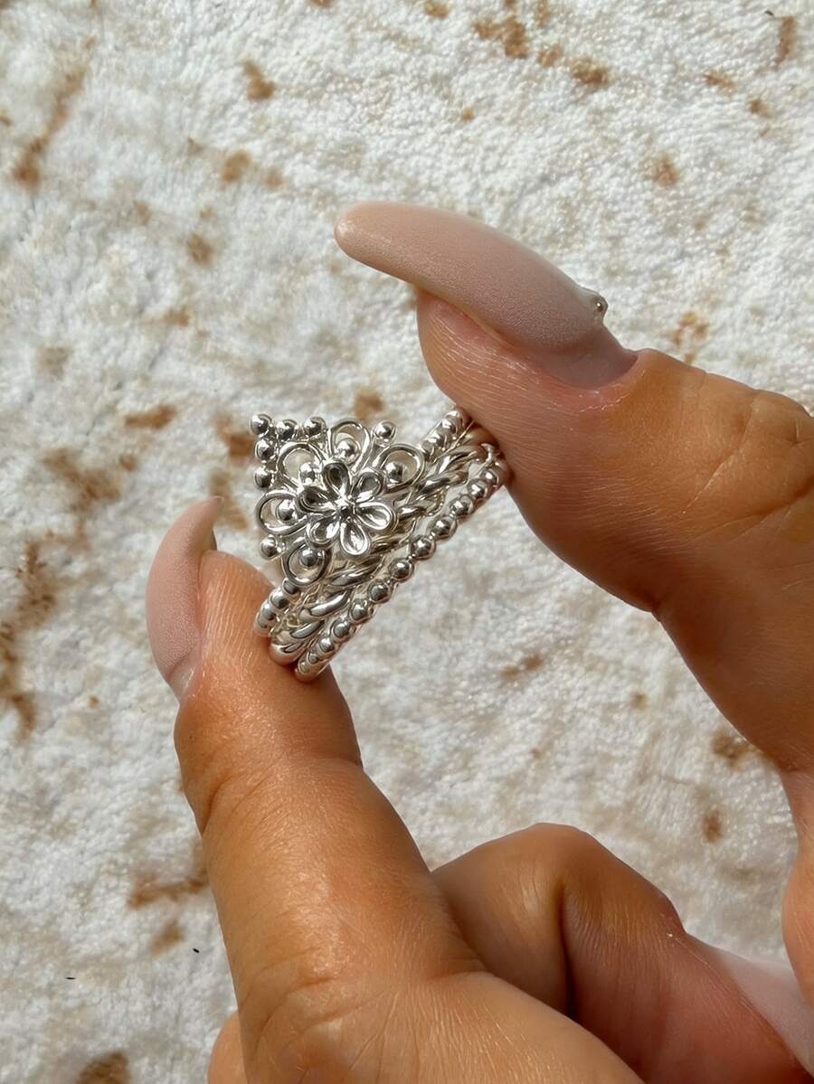 3 Buah Cincin Statement Bunga Boho Berlapis Perak untuk Wanita, Cincin Tumpuk Bunga Vintage untuk Pemakaian Sehari-hari, Liburan & Pantai - Perak - View 1