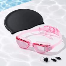 Professional Adult Swim Goggles Set | High Definition Electroplated Anti-Fog Large Frame Goggles + High Elastic Silicone Swim Cap | Comes With Integrated Earplugs/Includes Nose Clip Combination - Black - View 5