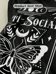 Camicia casual estiva da uomo con collo rotondo morbido e maniche corte, stampa grafica stile tarocchi nera, adatta per uso quotidiano. - nero - Visualizzare 2