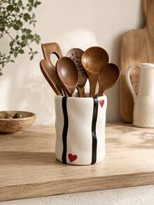 1pc Vintage Ins Style Heart Striped Wavy Resin Utensil Holder, Cute Farmhouse Kitchen Countertop Cutlery Organizer - Multicolor - View 7