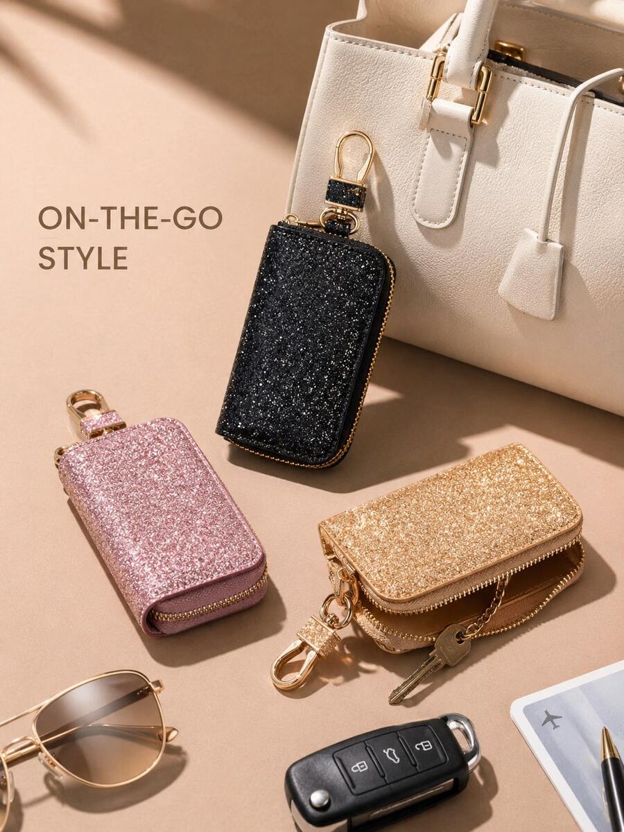 Glitter Zipper Key Pouch For Women, Mini Car Key Holder, Lightweight Durable Multi-Style Key Storage Bag - Multicolor - View 1