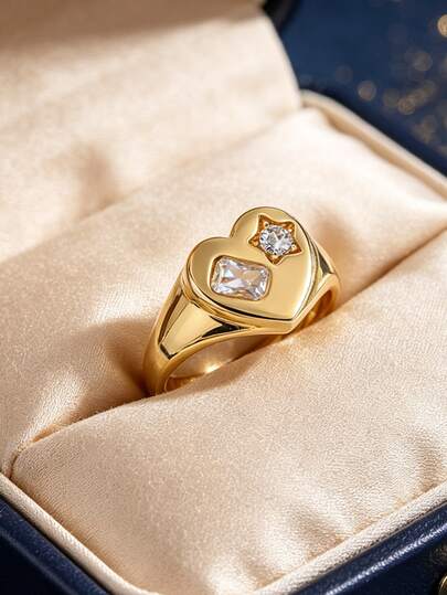 Women's Gold-Plated Heart Seal Ring, Inlaid With Octagonal Star Diamonds And Trapezoid Zirconia, Cool Millennium Minimalist Style, Suitable For Daily And Workplace Wear, Fashion Enthusiasts' Preferred Gift