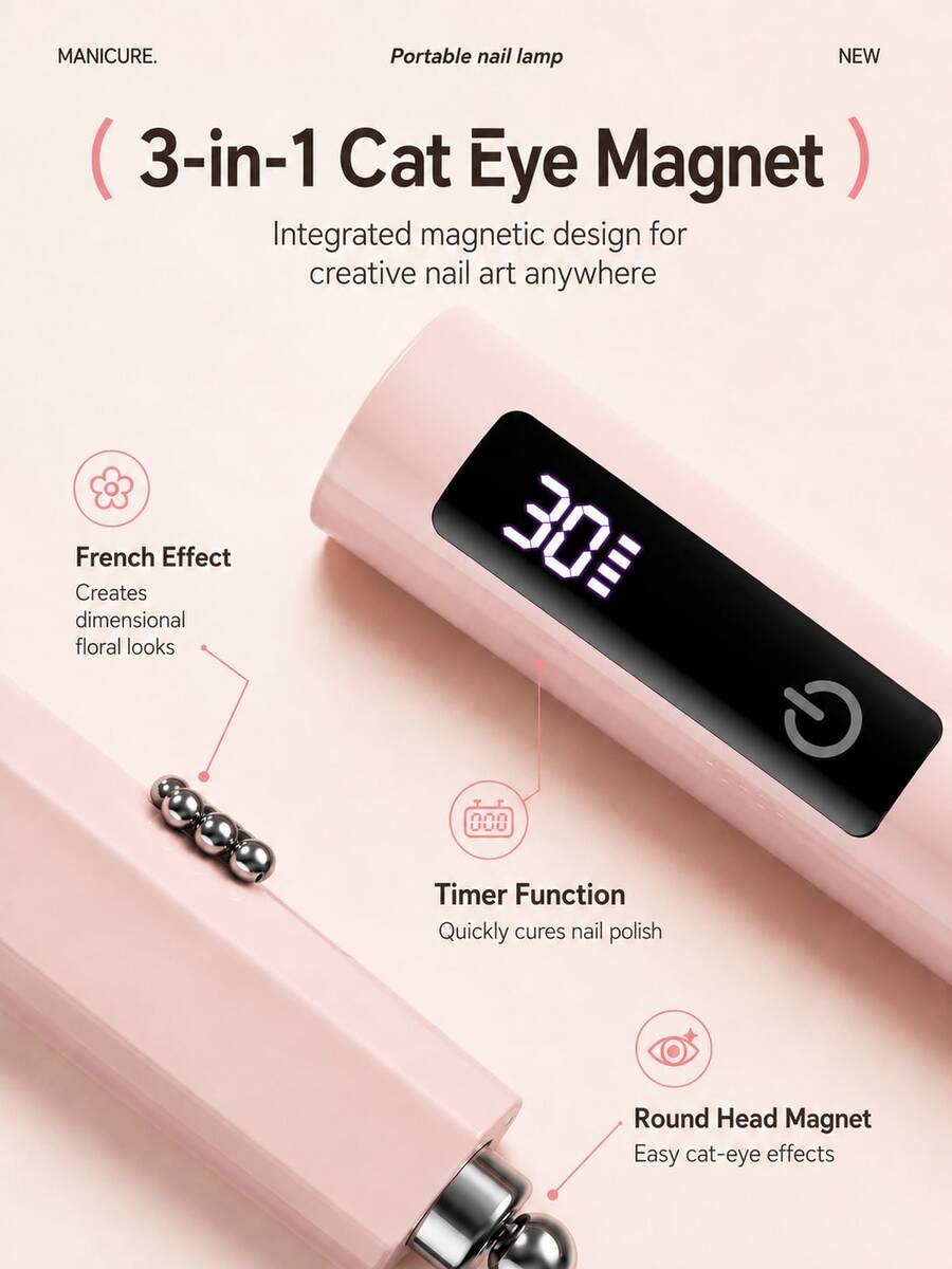Linterna UV Magnética 3 en 1 para Uñas, Imán de Ojo de Gato Integrado y Luz de Curado. Lámpara de Uñas Portátil de Mano Mini, Imán de Ojo de Gato Incorporado, Curado Rápido de 8s, 2 Modos de Temporizador, Recargable Tipo-C de 180mAh, Con Soporte Giratorio, Adecuada para Arte de Uñas en Casa y Viajes, Regalo de Arte de Uñas para Regreso a la Escuela