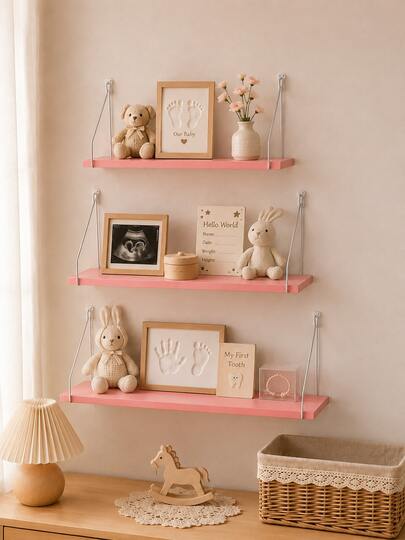 Wall Mounted Nursery Shelf Pink Floating Baby Room Storage Rack Wooden Kids Display Shelf For Books Toys Decor Montessori Organizer