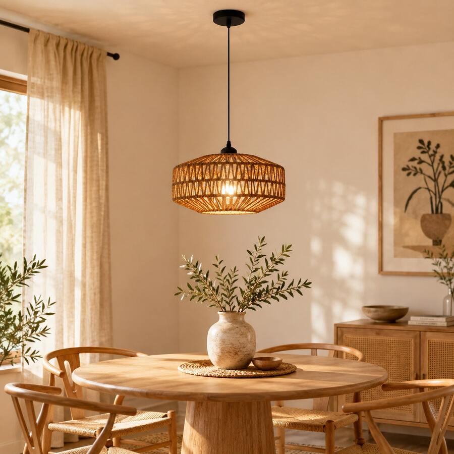 1PC, Bohemian Style Pendant Light, E27 Socket, Hand-Woven Pendant Light With Fabric Lampshade, Kitchen Island Country Style Pendant Light Hanging Decor, Ceiling Pendant Light, Farmhouse Lighting, Bulb Not Included - Flax - View 1