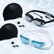 Professional Adult Swim Goggles Set | High Definition Electroplated Anti-Fog Large Frame Goggles + High Elastic Silicone Swim Cap | Comes With Integrated Earplugs/Includes Nose Clip Combination - Black - View 3