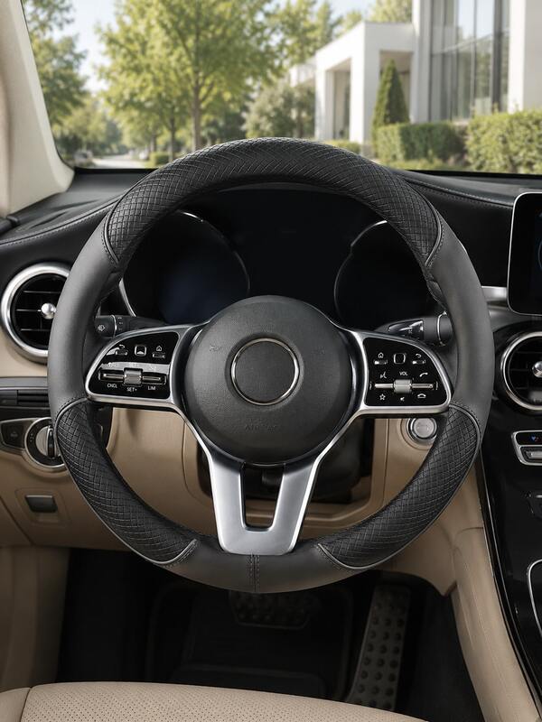 1pc 14.5-15 Inch Universal Round Steering Wheel Cover, Luxury Business Style Diamond Quilted Artificial PU Leather, Pure Black Stitching Detail Anti-Slip Sweat-Absorbent Wear-Resistant Breathable Grip Protector, All-Season Fit For Sedan/SUV/Truck, Commuting, Self-Driving, Holiday Travel Universal Interior Modification Accessory, Compatible With All Series And Most Car Models