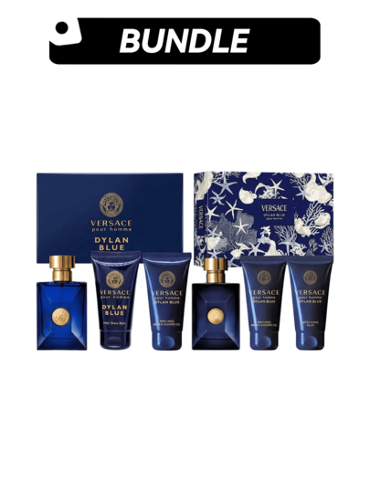 Versace [Perfume Bundle]Dylan Blue 3 Pcs Mini Set For Men (EDT 5 Ml+Shower Gel 25 Ml+After Shave Balm 25 Ml)+Dylan Blue 3 Pcs Gift Set (EDT Spray 50ml+Shower Gel 50ml+After Shave Balm 50ml) For Men 0.8oz/25ml*2+0.17oz/5ml+1.7oz/50ml*3