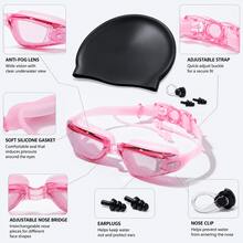 Professional Adult Swim Goggles Set | High Definition Electroplated Anti-Fog Large Frame Goggles + High Elastic Silicone Swim Cap | Comes With Integrated Earplugs/Includes Nose Clip Combination - Black - View 4