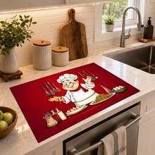 1pc, Home Decor, Chef Pattern Printed Dish Drying Mat, Espresso Machine Countertop Absorbent Mat, Sink Drainage Mat, Soft Faucet Absorbent Mat, Sink Cup Mat, Kitchen Supplies, Bathroom Supplies - Multicolor - View 2