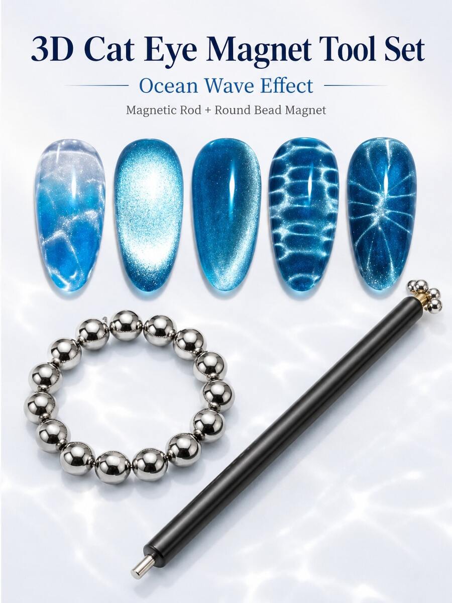 1 pièce Outil d'art des ongles magnétique 3D œil de chat avec baguette magnétique à perle ronde, convient pour l'effet de vague océanique du vernis à ongles gel, manucure DIY - Noir - Voir 1