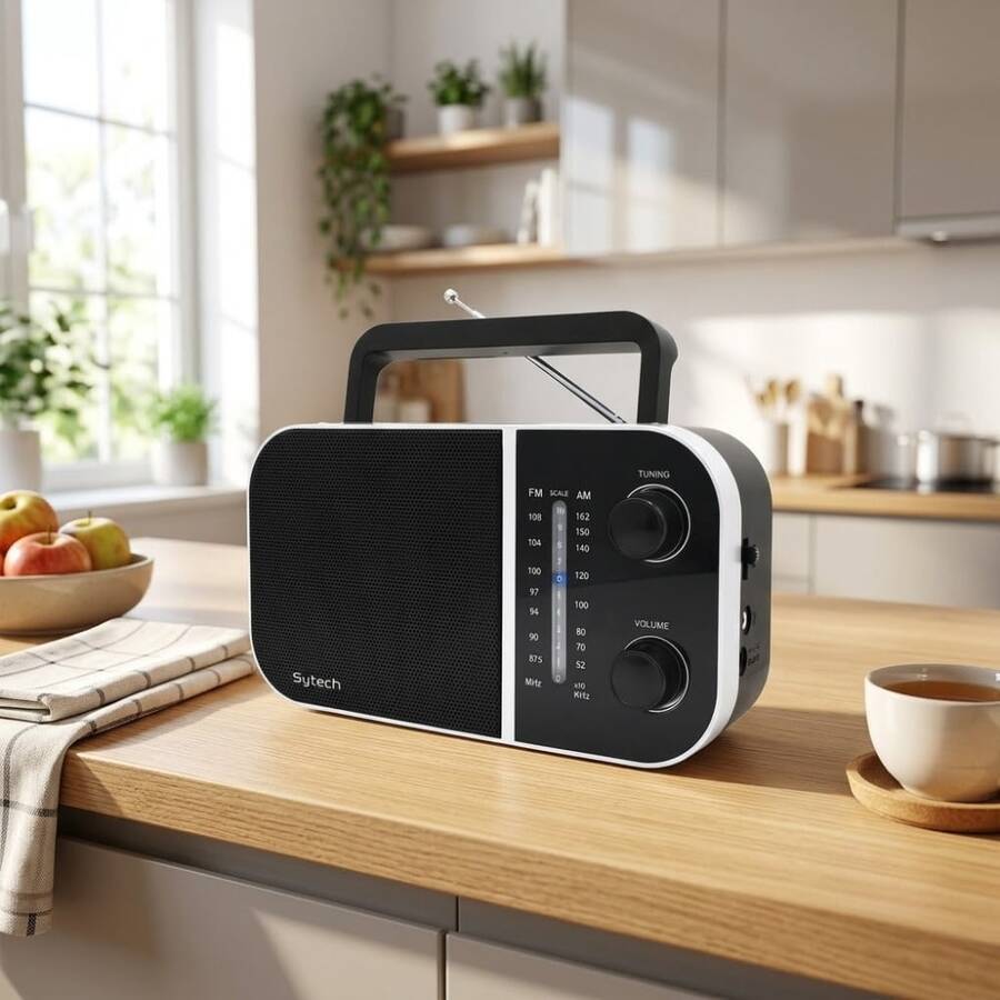 ARISE - Radio Portátil AM/FM Sytech SY-1677NG - Radio de Transistores con Gran Altavoz, Alimentación por Cable de Red o Pilas, Conexión Auriculares y Sintonización Analógica Sencilla - Ver 1