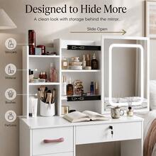 2-In-1 White Vanity Desk Set With LED Lighted Mirror & Stool, 5 Drawers, Lockable Drawer, Hidden Storage Shelves, Makeup Vanity Table For Bedroom, Gift For Women & Girls - White - View 4