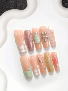 10pcs Sweet & Cool Handmade Press-On Nails, Polygel Nail Art Set, Water Ripple Pattern, Tiny Floral Dots, Stars, Green Nail Polish, Cute Girl Style, Includes Nail Tools, 3 Sizes Available, Almond/Duck/Coffin Shape, Suitable For Party, Dancing, Daily Wear - 彩色 - 查看 4