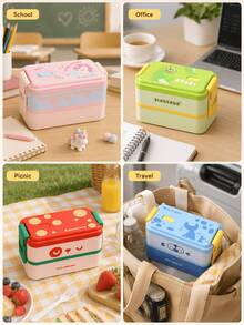 Cute Cartoon Double-Layer PP Portable Lunch Box, Patterns Include Unicorn, Dinosaur And Seal; Perfect For School, Picnic, Outing And Holiday Use. - Multicolor - View 5