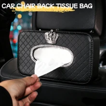 亮面水鑽皇冠造型汽車座椅頭枕掛式面紙盒，高級絎縫皮革收納盒，創意設計女性適用，可作為車內收納配件，具備口罩收納整理與面紙存放功能，黑色汽車配件 - 皇冠紙巾盒 - 查看 2