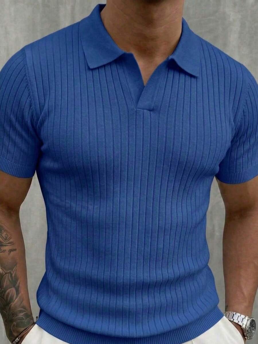 Men's Solid Color Casual Polo Collar Short Sleeve Knit Top