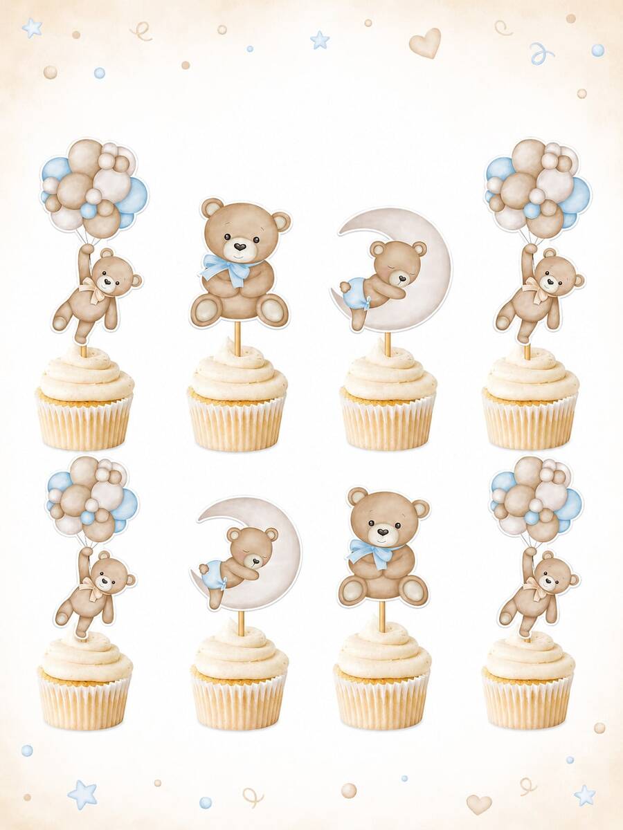 24pcs - Baby Party Balloon Bear Theme Cupcake Decorations, Moon Bear Cake Decor, Baby Bear Cake Decor, Little Bear Cupcake Toppers, Bear Theme Baby Shower, Gender Reveal Party Decorations (Blue)
