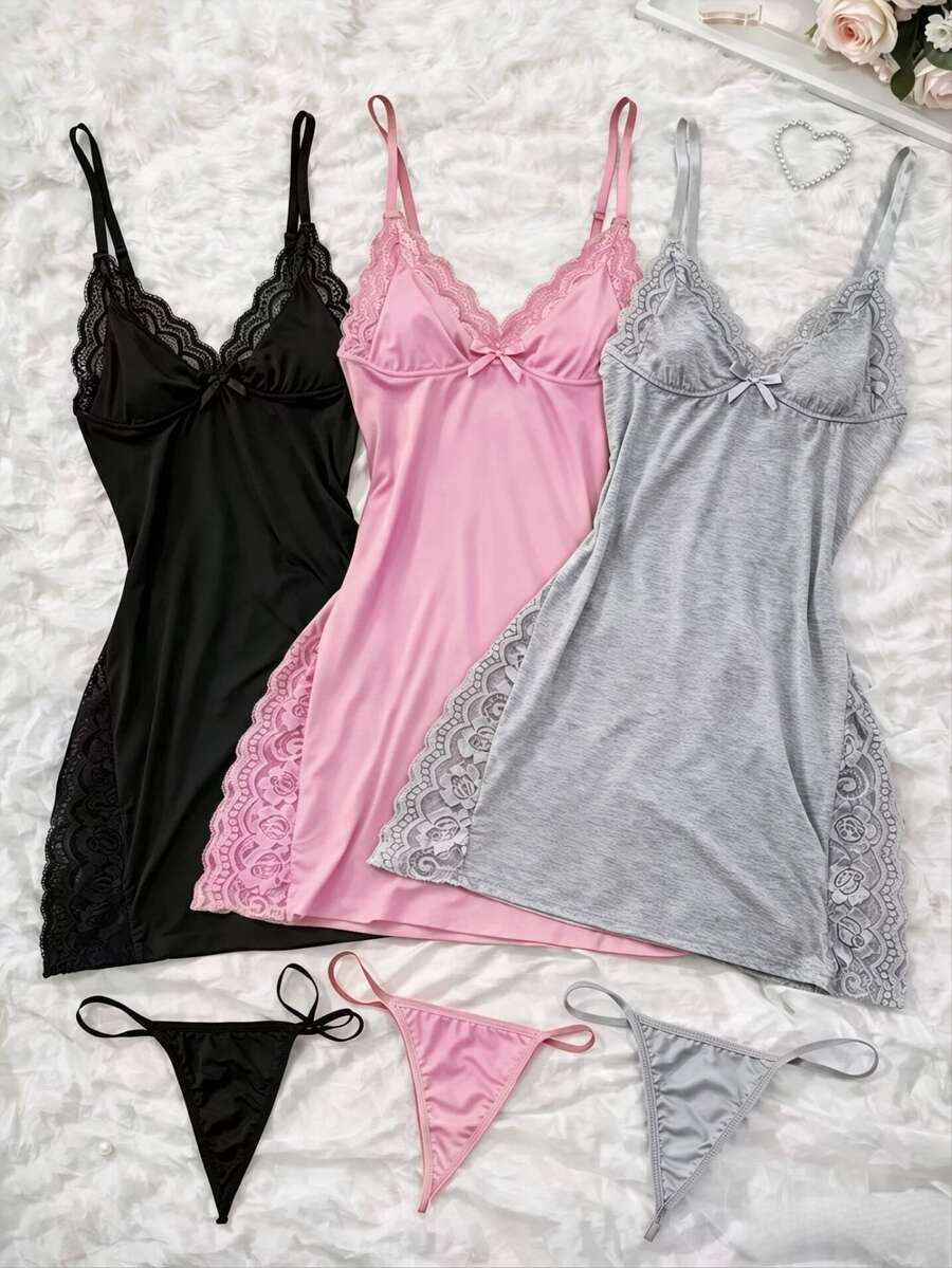 3PCS Slip Into Elegance With This 6pcs Women's Lace Pajama Set. Designed With Sheer Lace Panels And Side Slits