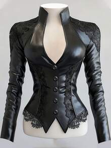Women's Elegant Black PVC Leather Jacket With Lace Trim, Long Sleeve Stand Collar Regular Fit Coat For Casual And Goth Styles - Black - View 4