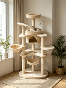 1pc Multi-Functional Integrated Cat Tree, Equipped With A Hanging Hammock And Viewing Platform, Made Of Wear-Resistant Sisal, Suitable For Adult And Kitten Cats For Indoor Use. - Khaki - View 2