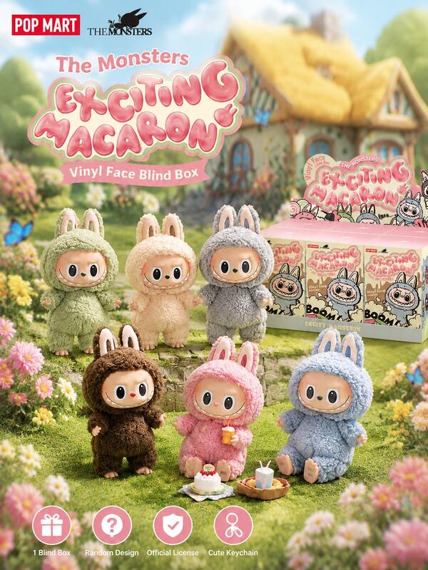 Pop Mart THE MONSTERS Exciting Macaron Blind Box Vinyl Face Blind Box - 6 Regular Designs + 1 Hidden Design, Adjustable Wire Posture, Rubber Hands & Feet, Portable Metal Ring For Easy Display, All Members Come With Plush Accessories (Tofu Doodle, Lychee Berry, Etc.), Cute Collectible Figurines, Suitable For Desktop Decor And Daily Fun Display, Perfect Gift For Pop Mart Fans, Teenagers And Adults For Christmas, Valentine's Day, Birthday And Special Occasions