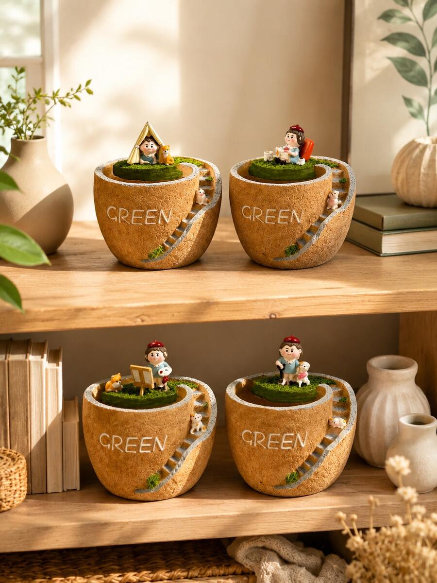 「GREEN」主題多肉植物盆栽,附裝飾小人與階梯,打造多肉植物的童話世界,可愛的桌面裝飾與綠植栽種選擇 - A - 查看 1