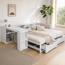90x200cm Extendable Bed Frame With Desk, Reading Nook, EU Power Socket & 2 Underbed Storage Drawers, All-In-One Space-Saving Bed With Slatted Base,Mat - Matte White - 查看 3